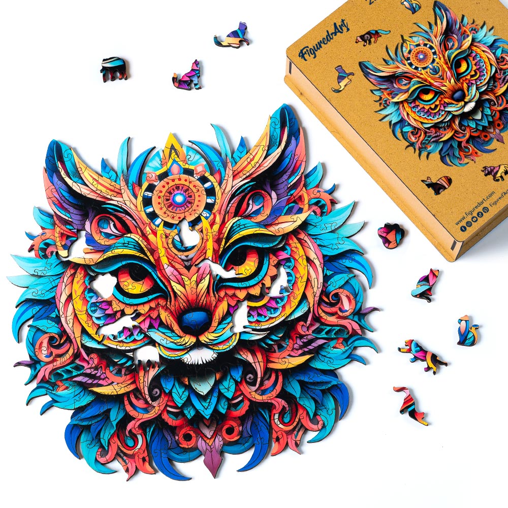 Wooden Puzzle - Vibrant Cat Mandala